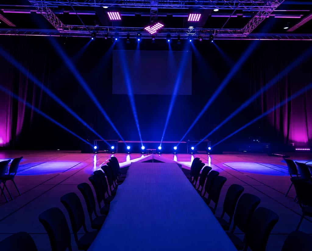 Empty event hall with white runway, chairs, and blue and purple stage lighting beams