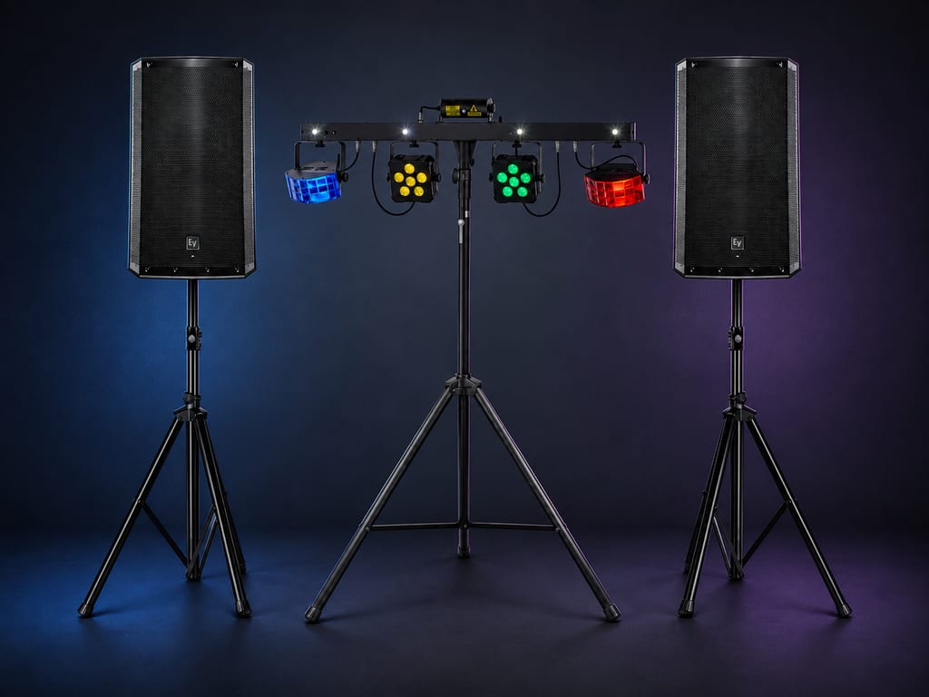 Two PA speakers on stands flanking a multi-light DJ light bar with blue, green, and red lights.