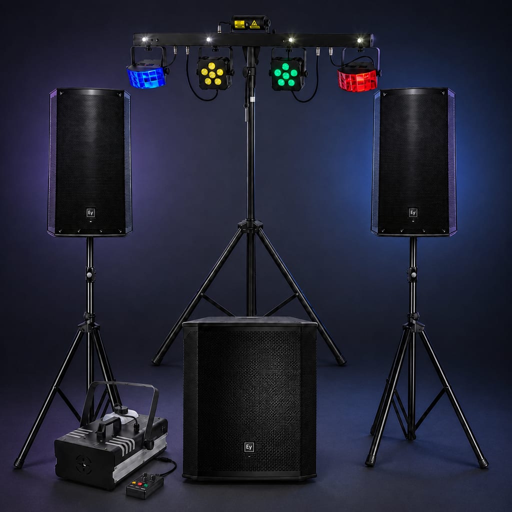 DJ setup with two speakers on stands, a subwoofer, LED lighting bar, and a fog machine.