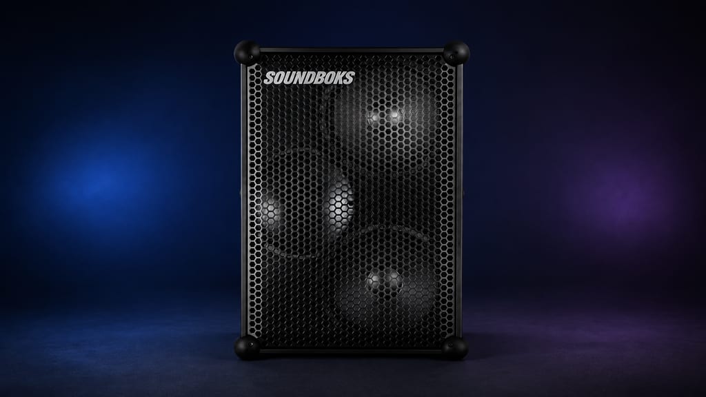 Black Soundboks portable speaker with mesh grille and rounded corner bumpers