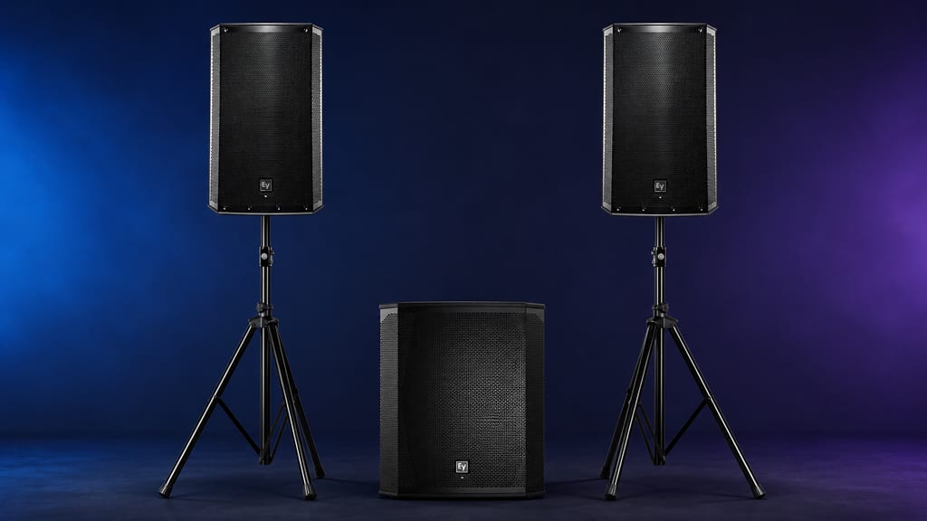 Two Electro-Voice EKX-15SP speakers on stands with an EKX subwoofer between them