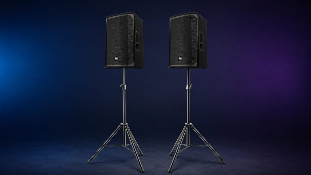 Two EV PA speakers on tripod stands against a black background.