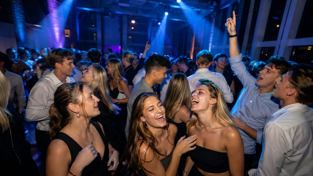 Crowd of young people dancing and laughing at a nightclub party with blue stage lighting.