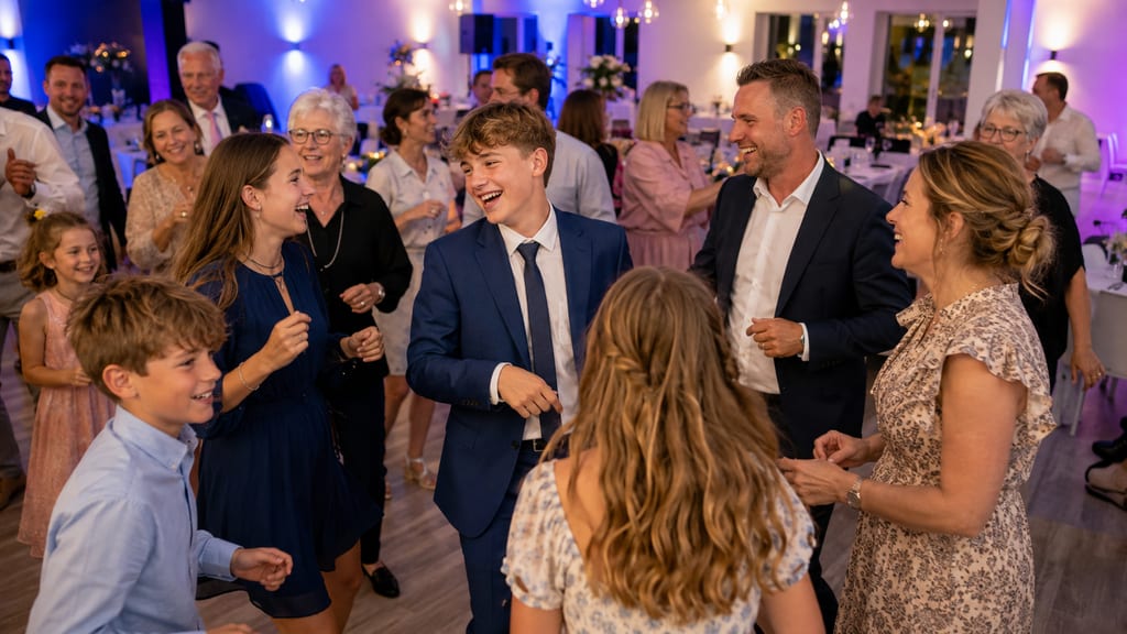 Guests laughing and dancing together at an evening confirmation celebration in a decorated hall.